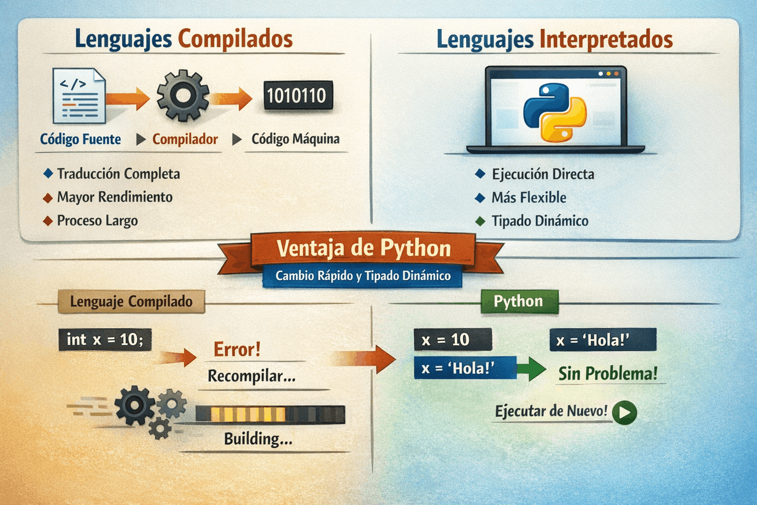Imagen sobre comparativa entre lenguajes interpretados y compilados con resaltado en las ventajas de python.