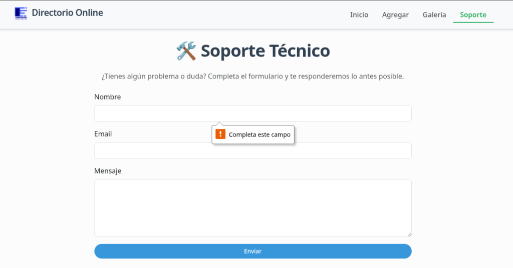 Captura de Ejemplo formulario error