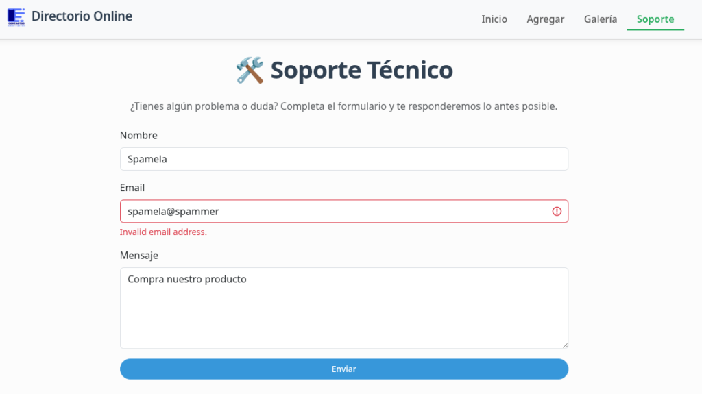 Captura ejemplo Formulario error 2 email inválido