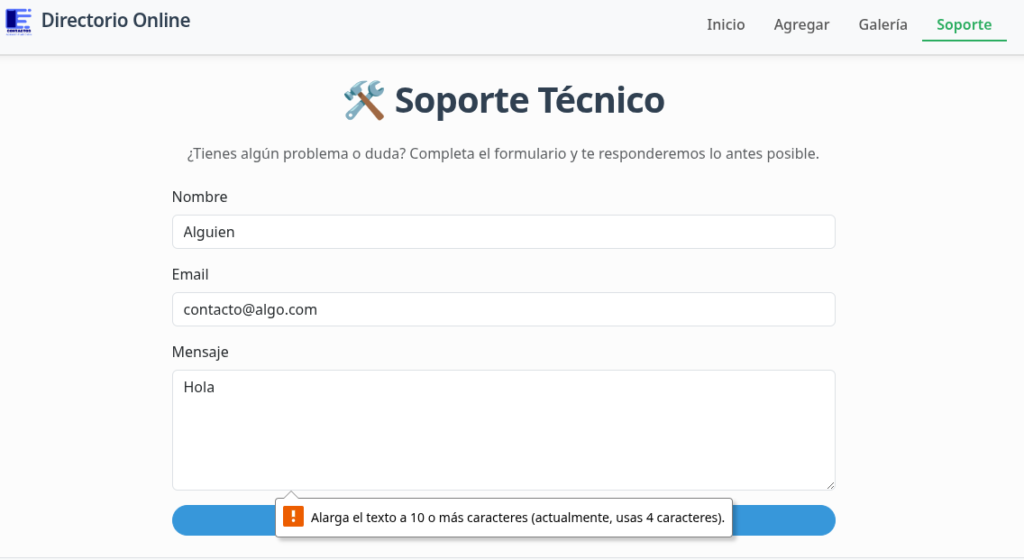 Captura de pantalla soporte formulario con wtforms error 3 mensaje pocos carácteres.