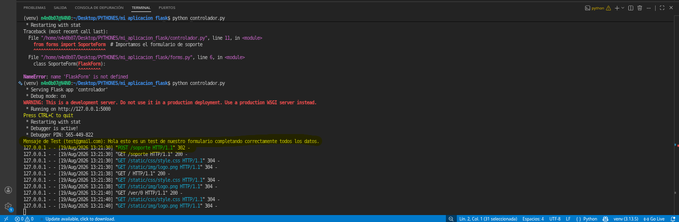 Captura terminal funcionando código correcto para enviar formulario en flask con wtforms