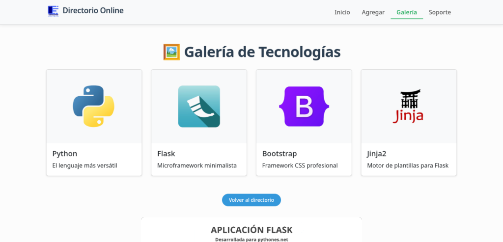 Galería con tarjetas (cards) de Python, Flask, Bootstrap y Jinja2, con sus logos y descripciones.