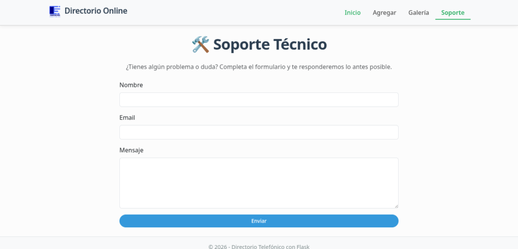 Formulario de contacto con campos Nombre, Email y Mensaje, con botón Enviar. Estilo Bootstrap 5.