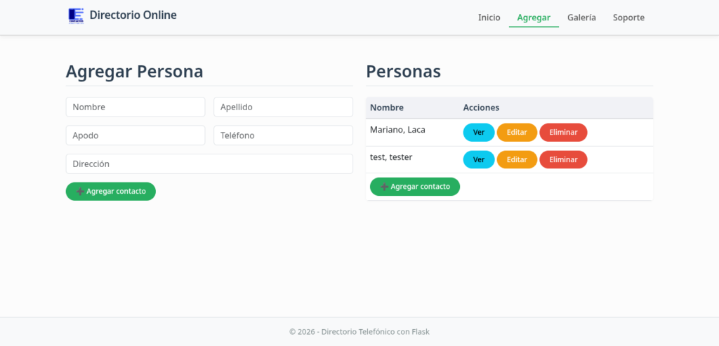 Formulario para añadir un nuevo contacto con campos: Nombre, Apellido, Apodo, Teléfono y Dirección. Estilo Bootstrap 5.