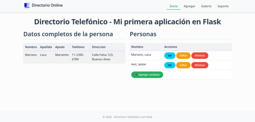 Vista principal del directorio con tabla de contactos, botones Ver, Editar, Eliminar y Agregar. Estilo Bootstrap 5.