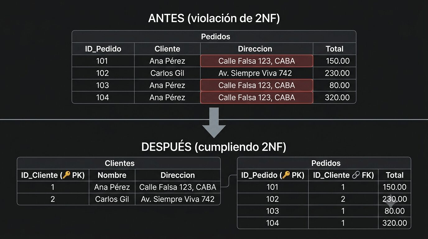 Diagrama forma 2 de normalización de bases de datos: Primera forma normal (2NF) 