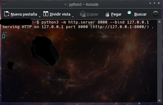Servidor HTTP Python funcionando en terminal Linux Debian